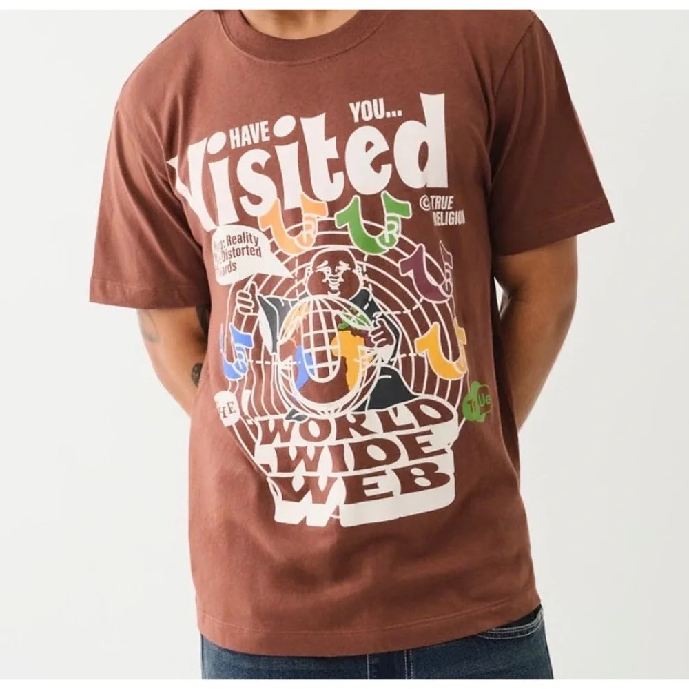 True Religion Mens World Wide Web Buddha Graphic T-Shirt Chestnut Brown XXL New
